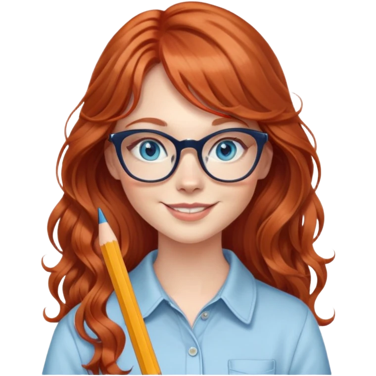 redheaded woman with very long wavy hair and bangs, blue eyes, clear cat-eye glasses, casual chic outfit, holding a pencil, smiling emoji