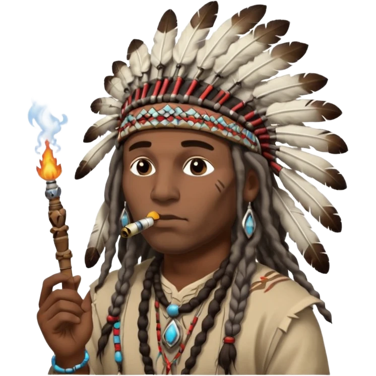 Black American man dark brown with dreads with a American Indian headdress with a peace pipe blowing smoke  emoji