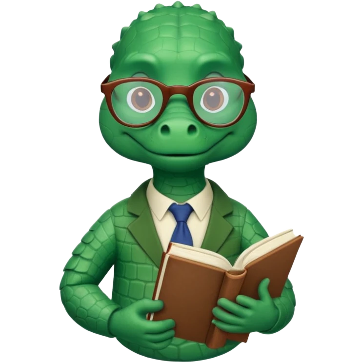 A claymation-style academic alligator. The background is a solid white circle emoji