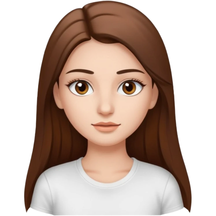 Chica de pelo liso ,largo y marrón con ojos color marrón  y una camiseta blanca y la piel blanca con pestañas y maquillada clean look emoji