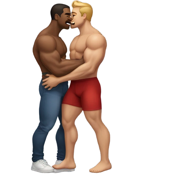 Two men with muscly legs holding eachother and kissing emoji