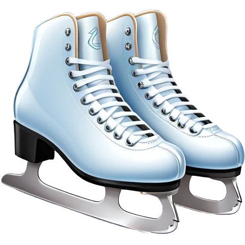 An icon featuring a pair of elegant figure skates standing on the smooth ice of a rink, with sparkling ice beneath them. The background shows a grand ice arena with bright lights and empty stands, highlighting the beauty and grace of figure skating. Transparent background. emoji