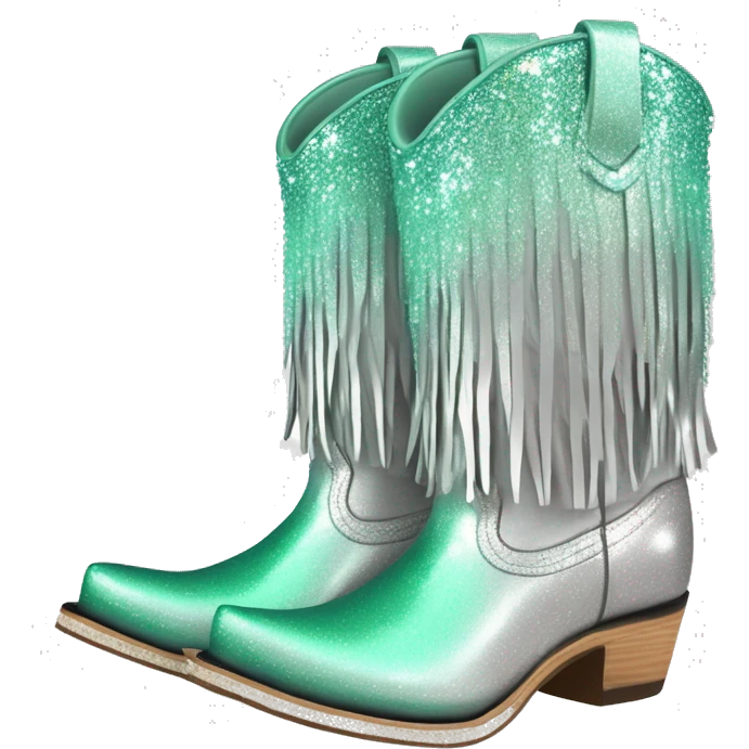 Realistic silver and mint green ombre pair of fashion cowgirl boots with sparkly shiny glitter fringe on them. emoji