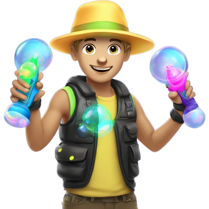 Caucasian boy at rave wearing a glowing outfit and hat with bubble guns in each hand with bubbles all around emoji