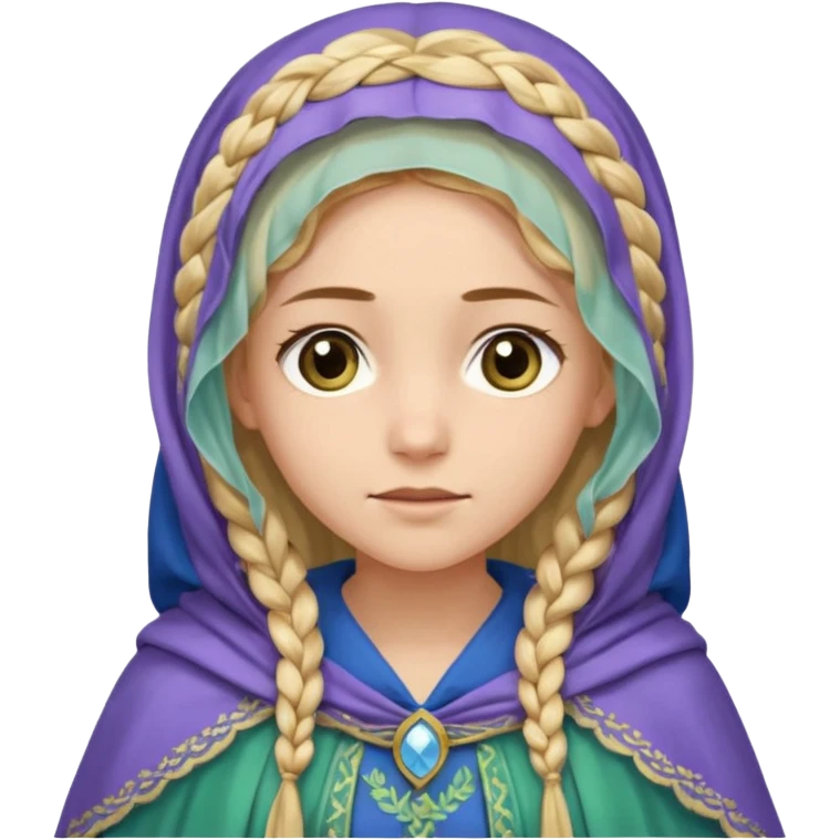 
mujer, Joven, de aspecto dulce y elegante.
Piel clara, ojos grandes y expresivos (pueden ser azules o verdes), sonrisa triste.
Rubio o castaño claro, largo, con trenzas o velo.
Vestido largo de tonos suaves (blanco, azul o lavanda), con bordados dorados; un manto o toca fina cubriendo la cabeza.
 emoji