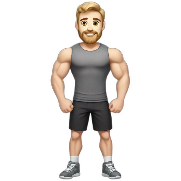 Full height Pale skinned fit man With biceps, Realistic eyes and mouth, light brown hair and stubble In dark gray sleeveless mike, black oversize sports shorts, watch and white sneakers. emoji
