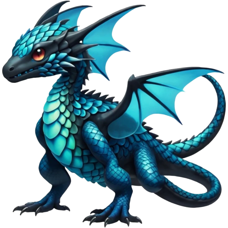 Multicolored dark shiny bioluminescent glowing black and cyan and blue gloomy spooky scales-covered pretty cool elegant realistic abyssal exotic Fakémon-Pokémon-Digimon-Trico, full body emoji