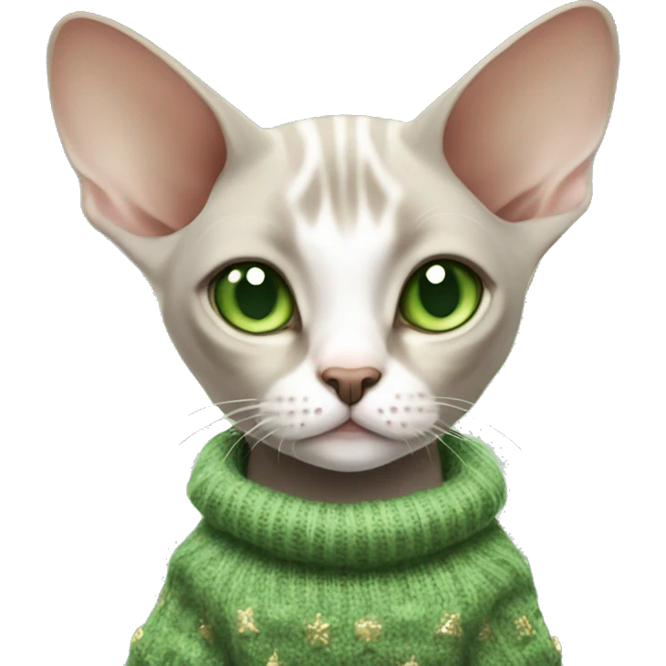 sphinx light cat with green eyes and in a New Year's sweater emoji