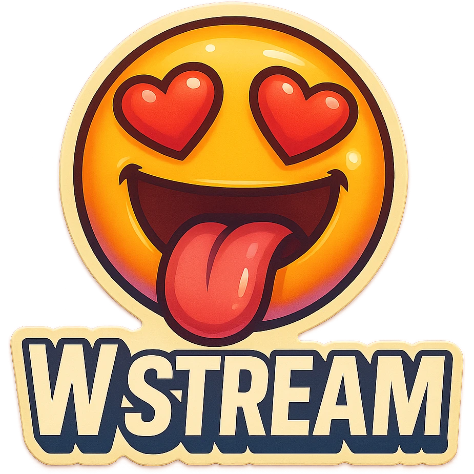 mouth open with tongue out heart shaped eye add the words “ W Stream " in White emoji