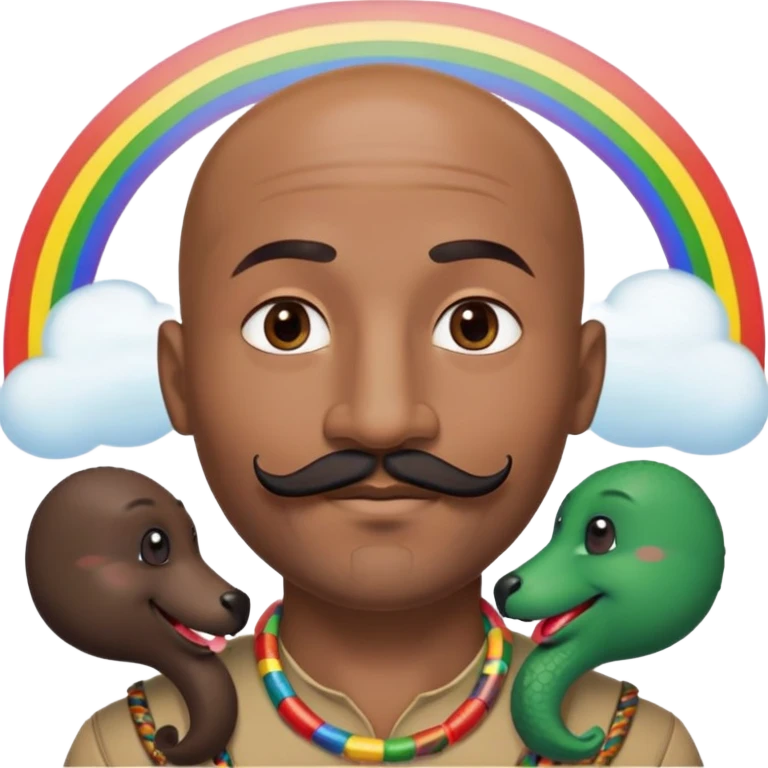 Oxumarê as a happy 37-year-old bald man with very dark skin tone, smooth oval head, indigenous facial features, mustache with circular beard only on chin (no hair on sides), a round mole on the right side below the lip, accompanied by a rainbow serpent, Memoji style emoji