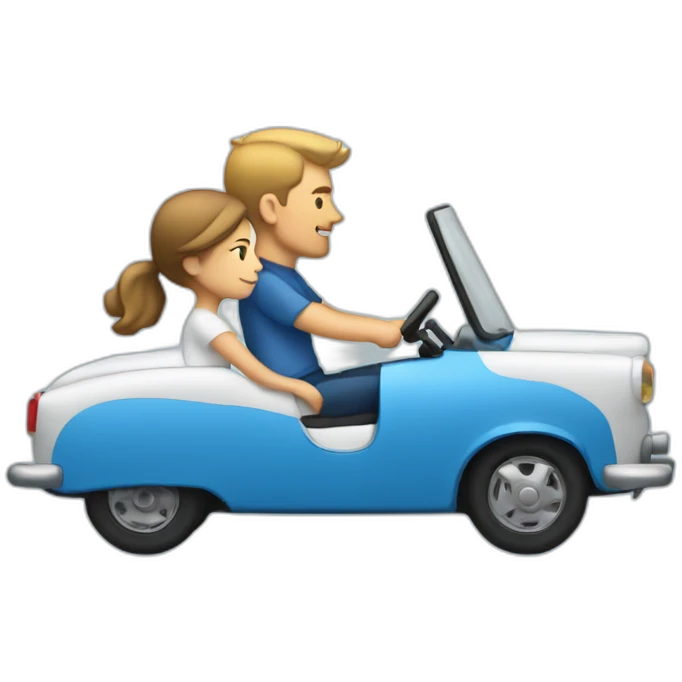 white man and white woman riding blue car sideview emoji