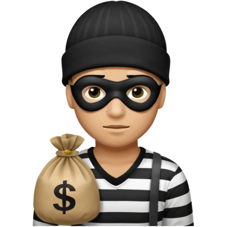 robber wears black eye mask, black beanies and black and white stibes shirt with one brown money bag beside him emoji