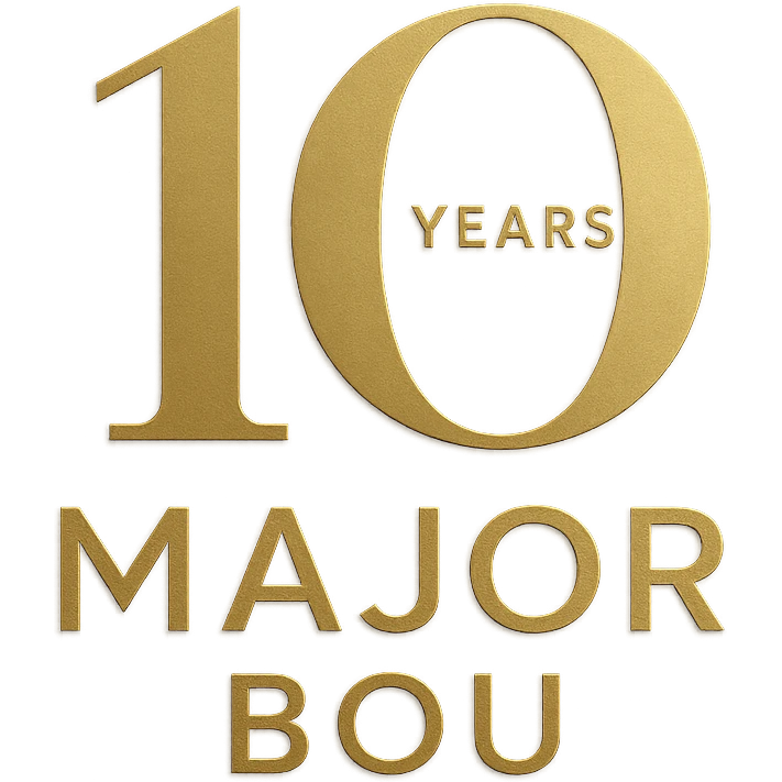 Elegant 10th anniversary logo for Major Bou with gold accents and a modern sans-serif font emoji