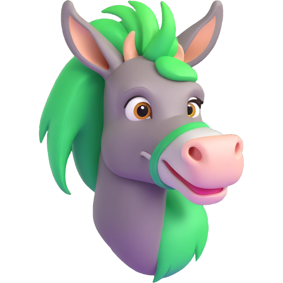 donkey with bright green hair, looking curious emoji