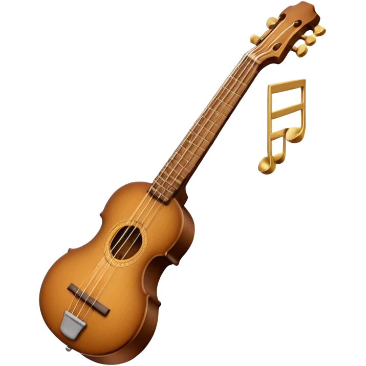 Create an elegant and traditional emoji representing a domra. The design should feature the round, wooden body of the domra with its distinct 3 strings. Include delicate details like the tuning pegs, the fingerboard, and the bridge. The wood of the domra should have a rich, warm tone, and the strings should be subtly highlighted to show their importance. Add a small musical note or two floating around to evoke the folk music it is used for. Use earthy tones like brown and gold to emphasize its classic, rustic feel. The background should be transparent. emoji