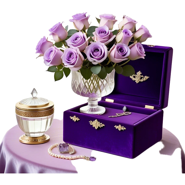 A romantic still life featuring a bouquet of freshly bloomed light violet Ascott tea roses arranged in a crystal vase, accompanied by a deep purple velvet jewelry box partially opened, revealing a pearl necklace inside. A gentle lavender butterfly flutters near the flowers, adding a dreamy touch. An elegant ivory silk ribbon is loosely draped around the arrangement, leading towards an ornate vintage-style perfume flacon in soft pearlescent tones, radiating an air of timeless sophistication emoji
