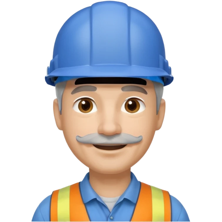A man emoji with light skin, wearing a blue construction helmet, short gray hair on the sides, straight eyebrows, brown eyes, a small nose, and a thin short straight gray mustache above his smiling mouth. emoji