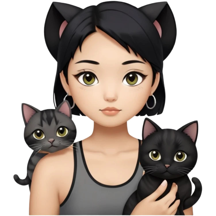Asian girl, black hair with grey highlights , slightly longer than shoulder.  Holding two BLACK cats. one cat has a round fat face, the other one has a slightly slimmer face. The girl also wearing a black singlet, a black chocked, silver round hook earring, and wearing eyeliner.  emoji