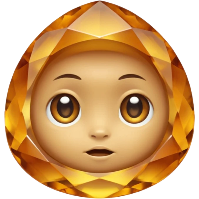 Single gemstone rock character, warm golden citrine, squat and heavy like a rock, with carved facets and tiny surface imperfections, cute round eyes  emoji