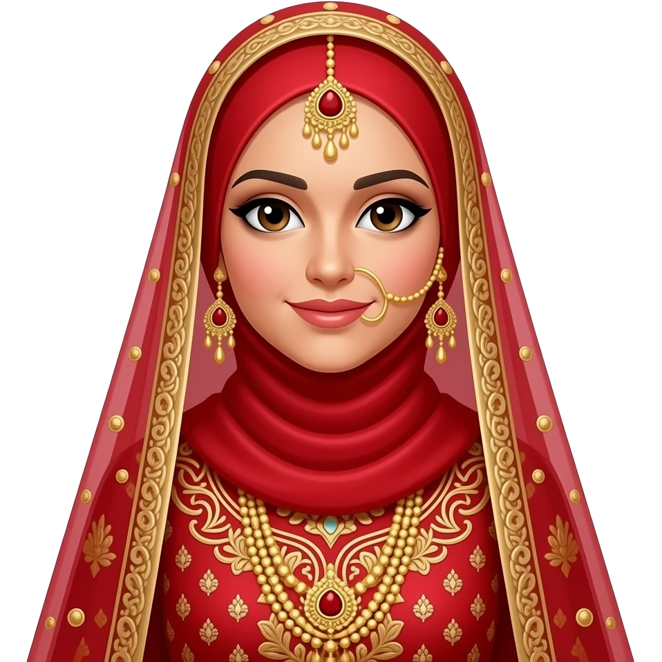 A Pakistani hijabi bride with a red and gold outfit with a red headscarf on emoji