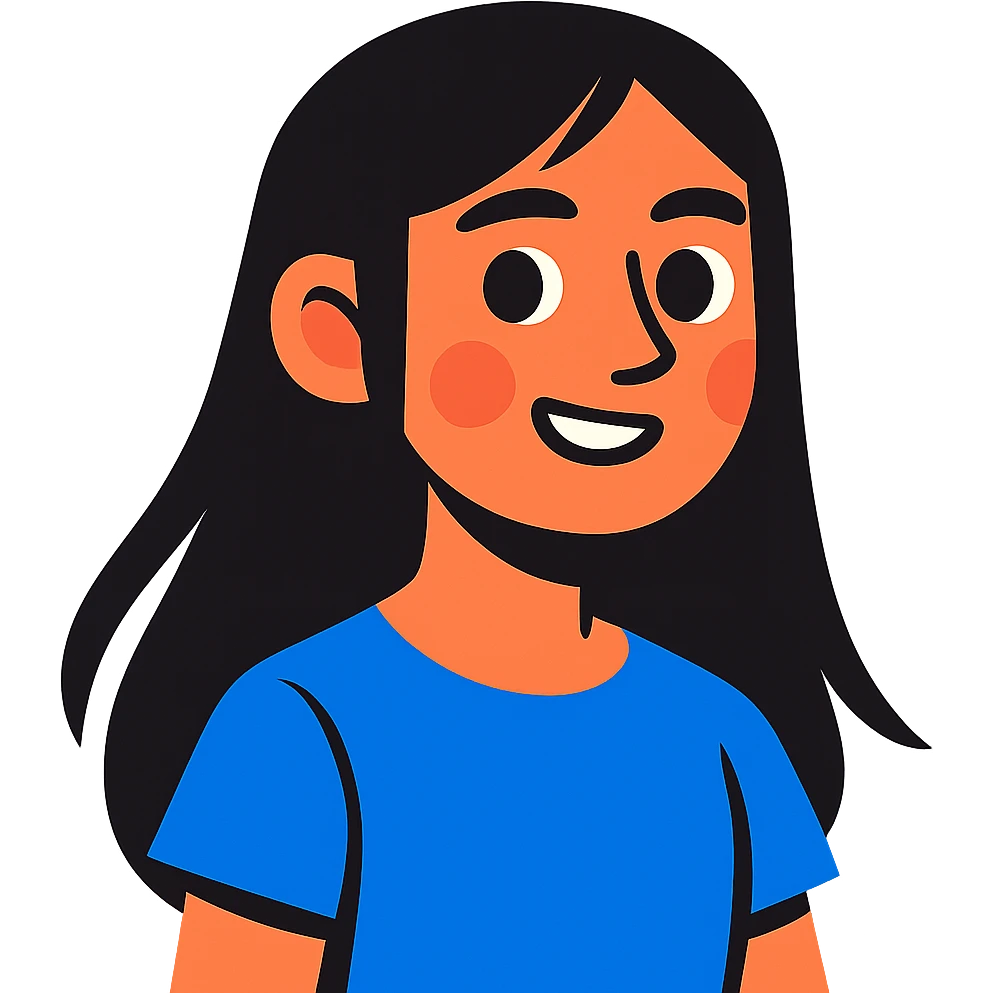 vibrant toon style teenager girl with black long hair and blue shirt emoji