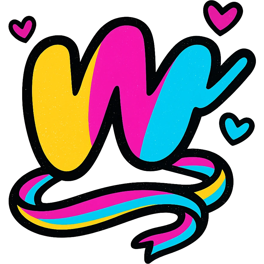vibrant, color-filled Wattpad logo 'w' with thick contour, strong shadows, shiny highlights, colorful ribbon curling around the base, a few small hearts, no background emoji