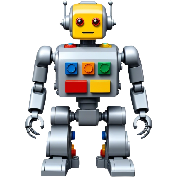 A big photorealistic icon featuring a detailed robot figure built from LEGO bricks, with intricate parts and colorful pieces. The design includes the LEGO logo subtly visible, with a focus on the craftsmanship and creativity of the build. Transparent background. emoji