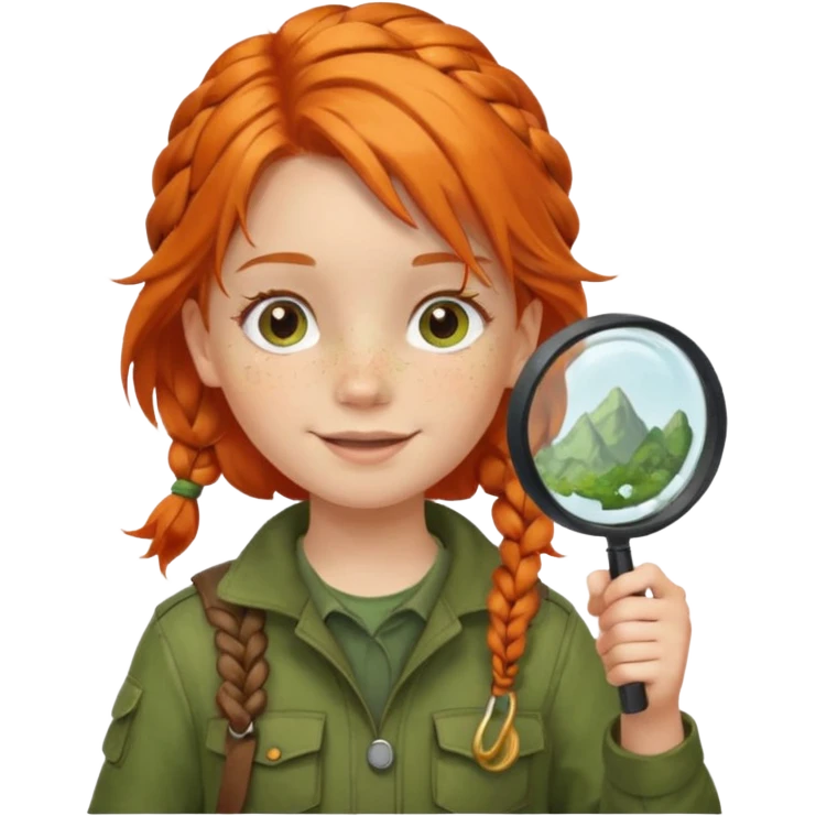 braid orange haired girl kid in moss green explorer outfit, holding magnifying glass, smile emoji