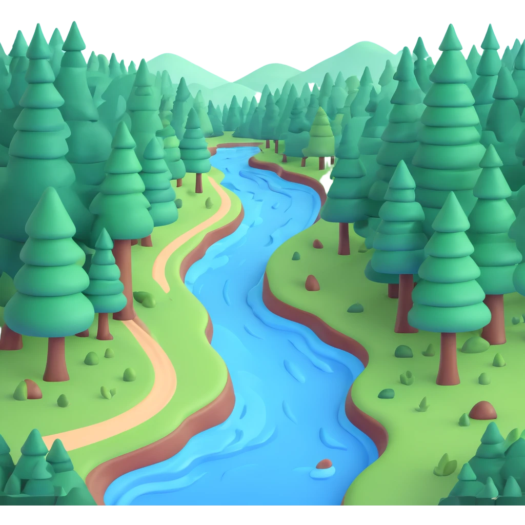 forest with a blue river flowing through trees emoji