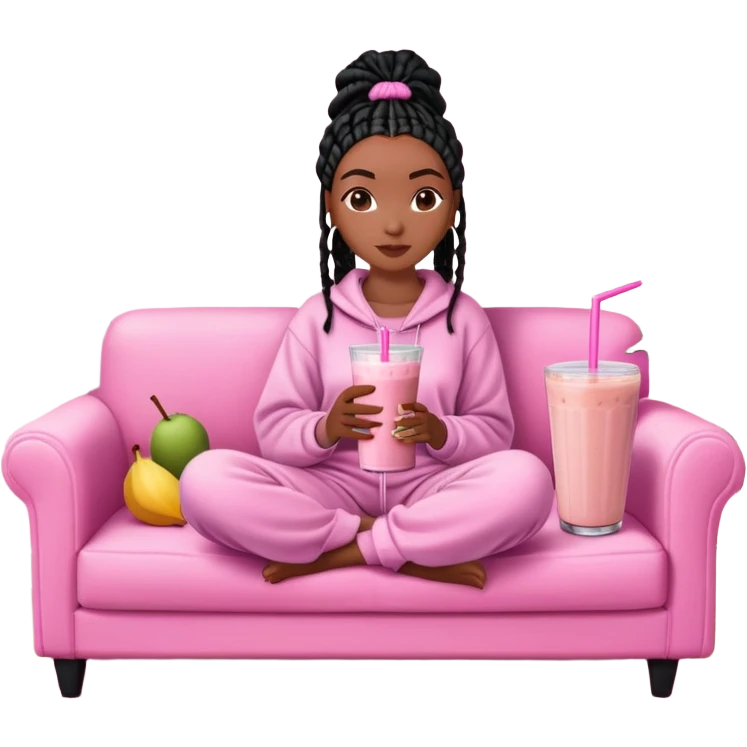 A dark-brown-skinned Black woman with black box braids, sitting on a pink couch, holding a smoothie cup with a straw, and looking relaxed. She’s wearing comfy loungewear in a cozy setting. emoji