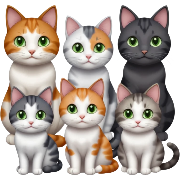 6 different coloured small cats including a dark grey and white, and a patchy calico, and a brown tabby and white,  and a completely solid dark grey with green eyes and only white paws emoji