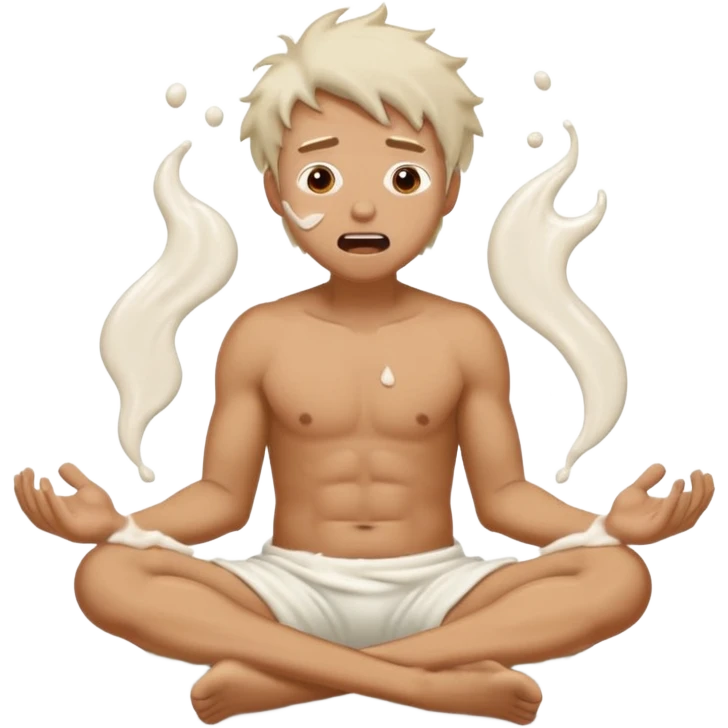 Man sitting on the floor exhausted mouth open eyes closed covered in white lotion emoji
