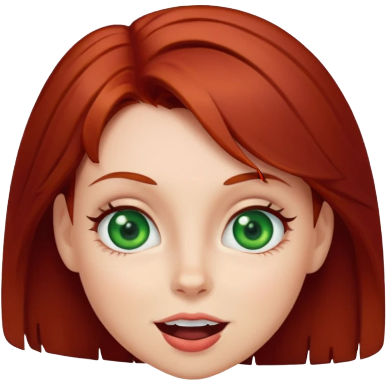 Dark red haired girl with green eyes making a silly face emoji