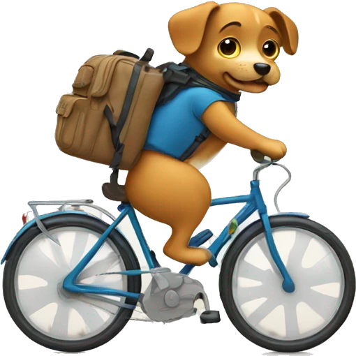 A dog is riding a bicycle and wearing a backpack. emoji