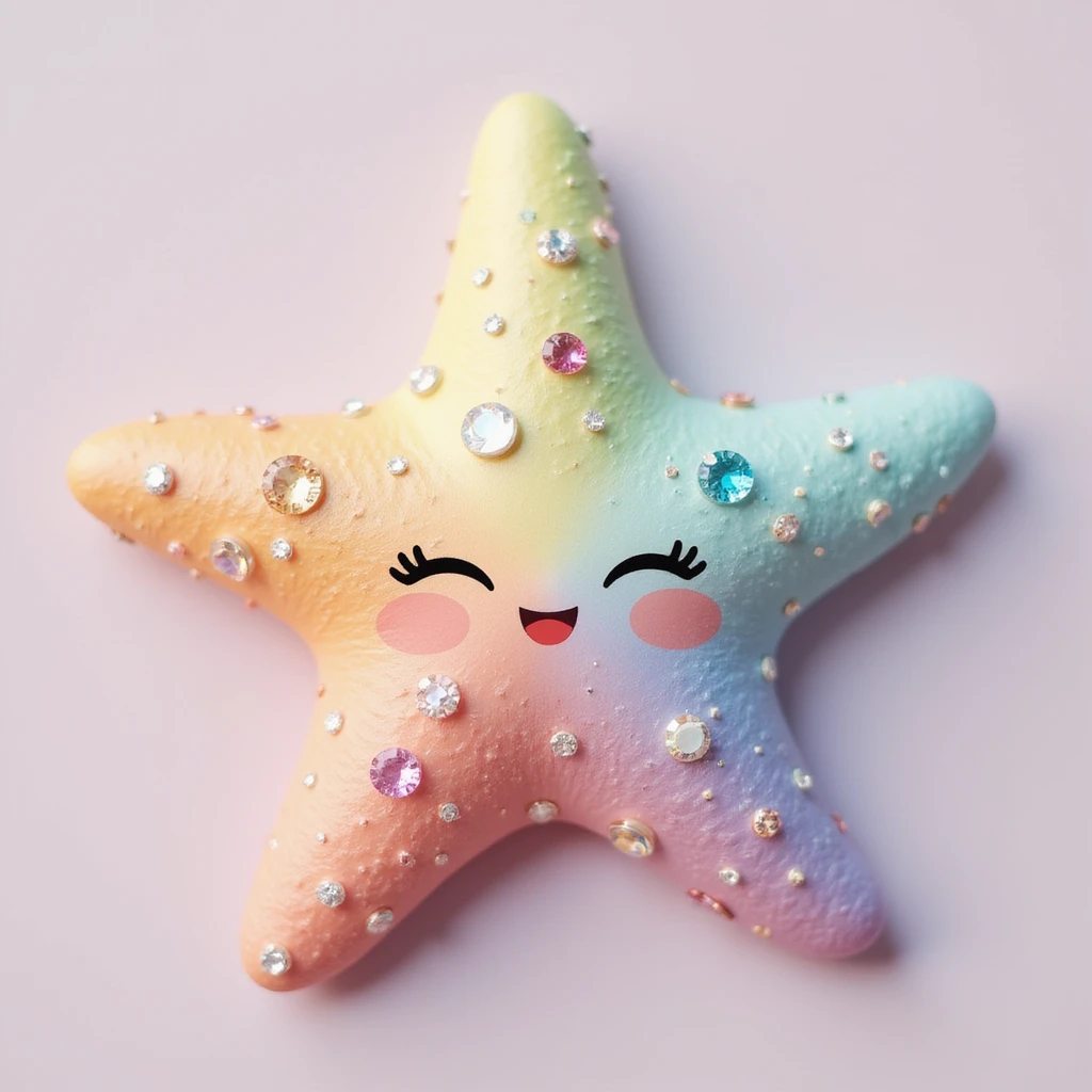 realistic sea star with soft pastel rainbow gradient, adorned with shiny jewels, gentle cute expression, sparkling gems, natural texture emoji