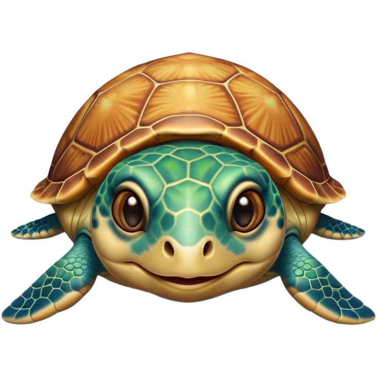 Cinematic Cute Sea Turtle Portrait Emoji, Head tilted playfully and inquisitively, featuring a charming, compact form with a beautifully patterned, domed shell and gentle, sparkling eyes full of oceanic wonder, Simplified yet irresistibly adorable features, highly detailed, glowing with a warm, friendly sea glow, high shine, affectionate and lively, stylized with a touch of whimsical marine charm, soft glowing outline, capturing the essence of a mischievous yet loving sea turtle that seems as if it could swim out of the screen into your arms! emoji