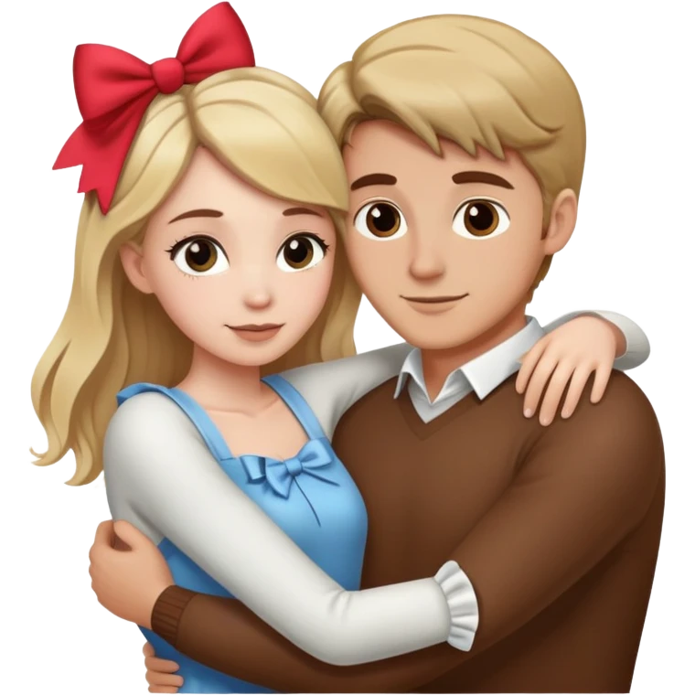 Brown hair white girl hugging blonde man with bows emoji