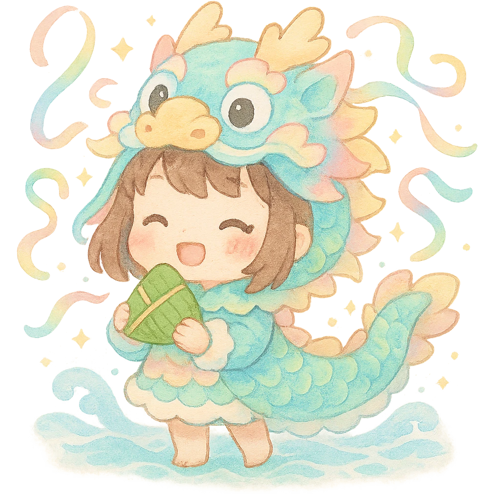 kawaii chibi girl in a pastel dragon boat costume, happily holding a rice dumpling, surrounded by floating colorful ribbons, tiny sparkles, soft waves, festive Dragon Boat Festival atmosphere, soft watercolor texture, pastel color palette, fluffy details emoji