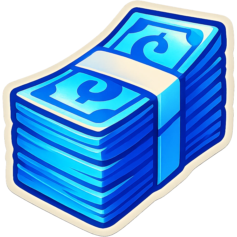 a massive bound stack of blue-and-white banknotes, bills,, 90s futuristic emoji