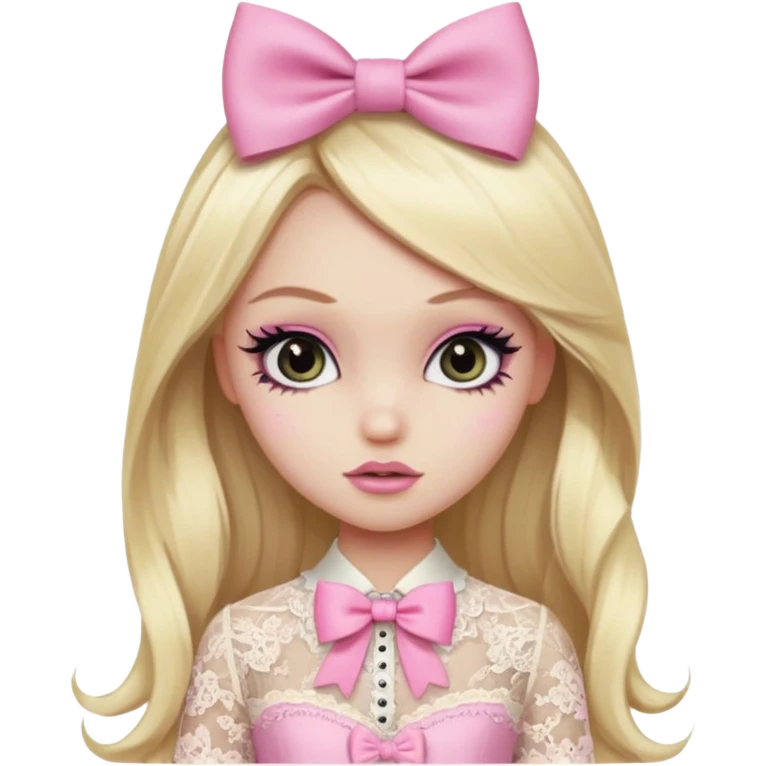 pretty, blonse long hair, pale skin, eyeliner, pink bow, lace clothes, bratz baddie emoji