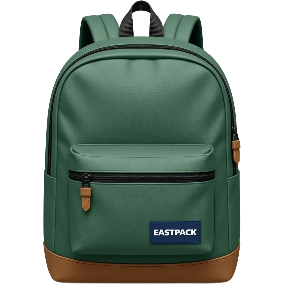 a green EASTPACK backpack with a leather strap underneath and the EASTPACK logo emoji