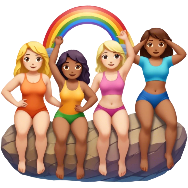 three women of different body types forming human chain, climbing rainbow-colored rock holds emoji