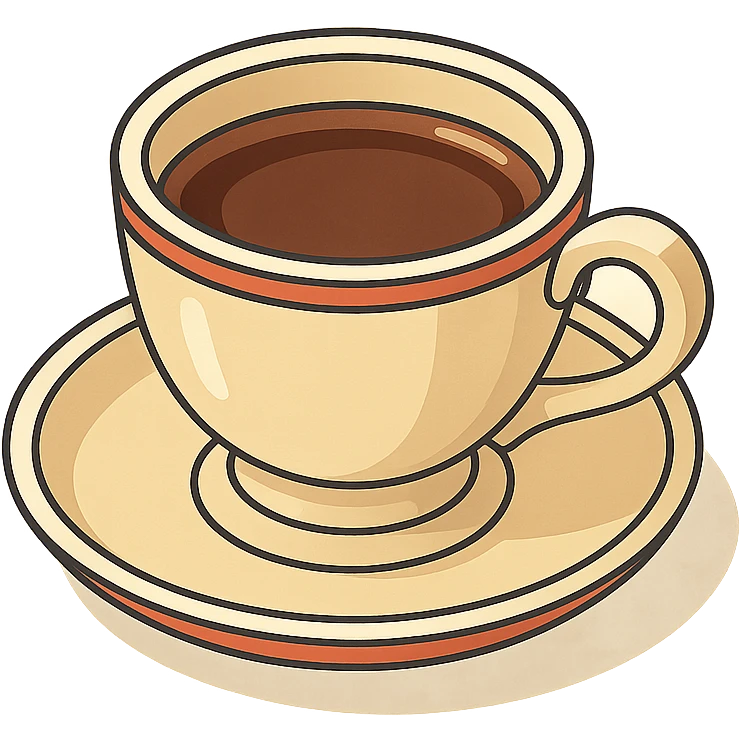 coffee in a vintage cup with saucer, isometric view, 2D isometric style, detailed drawing, detailed shadows and highlights, clean contours, soft lighting, transparent background emoji