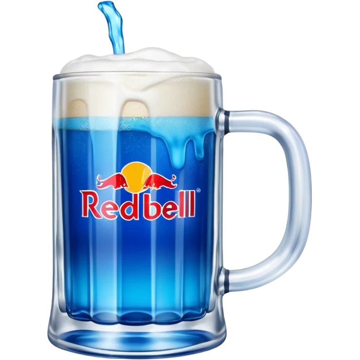 Large clear glass mug similar to beer stein with bright blue liquid inside. Put redbull drink logo on  mug. Add ridges to mug  emoji