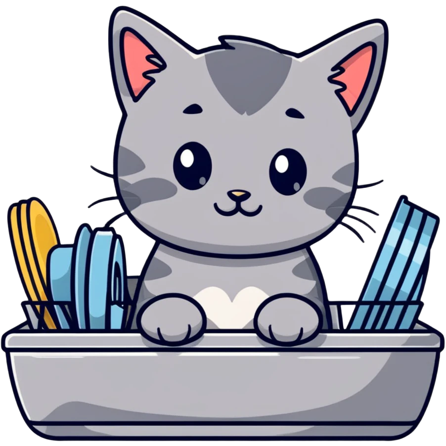 Stressed out grey kitten sitting in the dishwasher  emoji