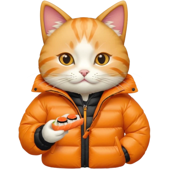 cat wearing a puffy jacket and eating sushi emoji