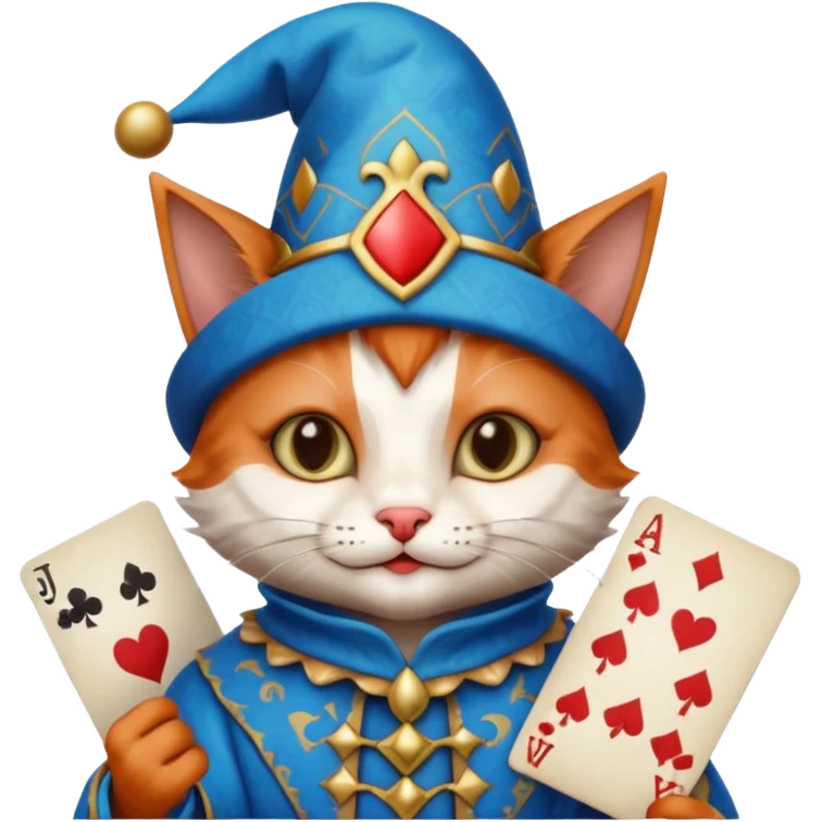 crazy colorful cute little cat jolly joker from poker, medieval, vintage, court jester, mac os icon, blue color, holds poker cards emoji