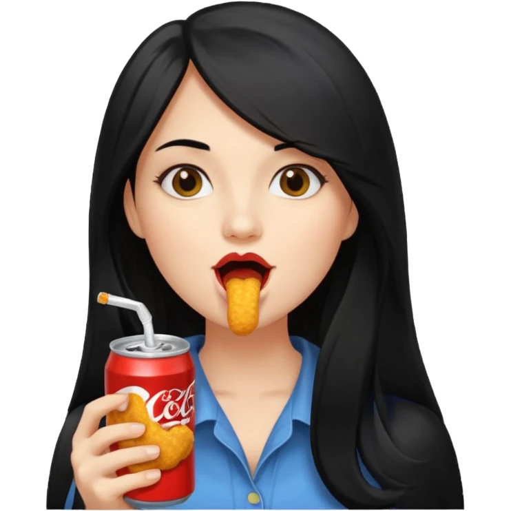 girl with long black hair eating with mouth on the chicken nugget and holding a soda can emoji