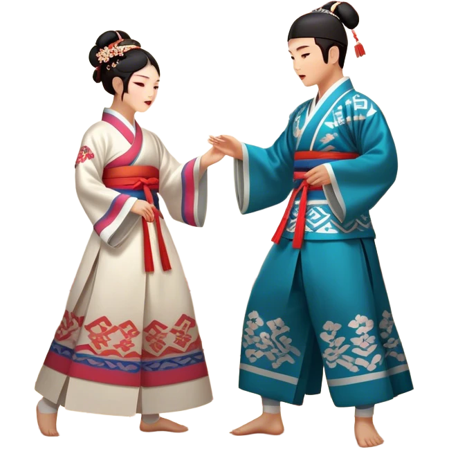 Cinematic Realistic scene of two performers engaging in Ganggangsullae, dressed in traditional Korean costumes with intricate patterns and graceful movements, illuminated by soft, festive lighting that accentuates the cultural ambiance emoji