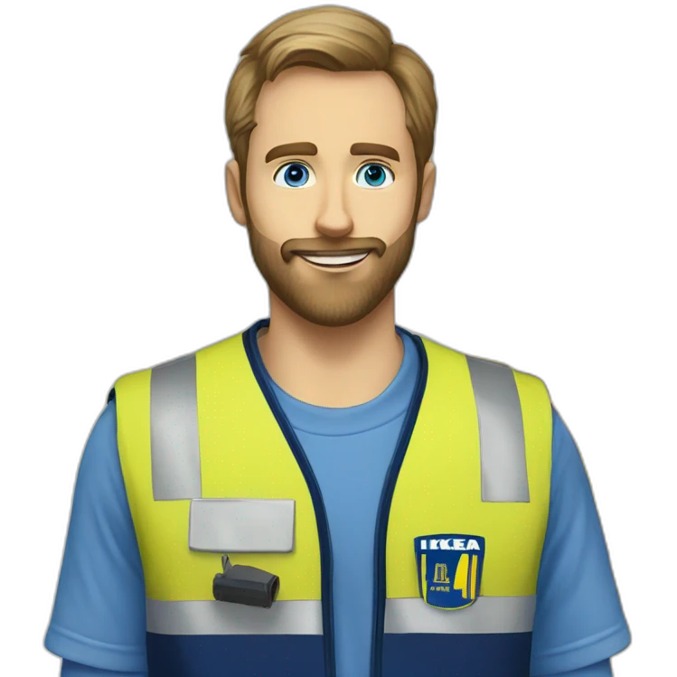 Ikea coworker blue eyes beard manager man blue stripes t-shirt and yellow security vest emoji